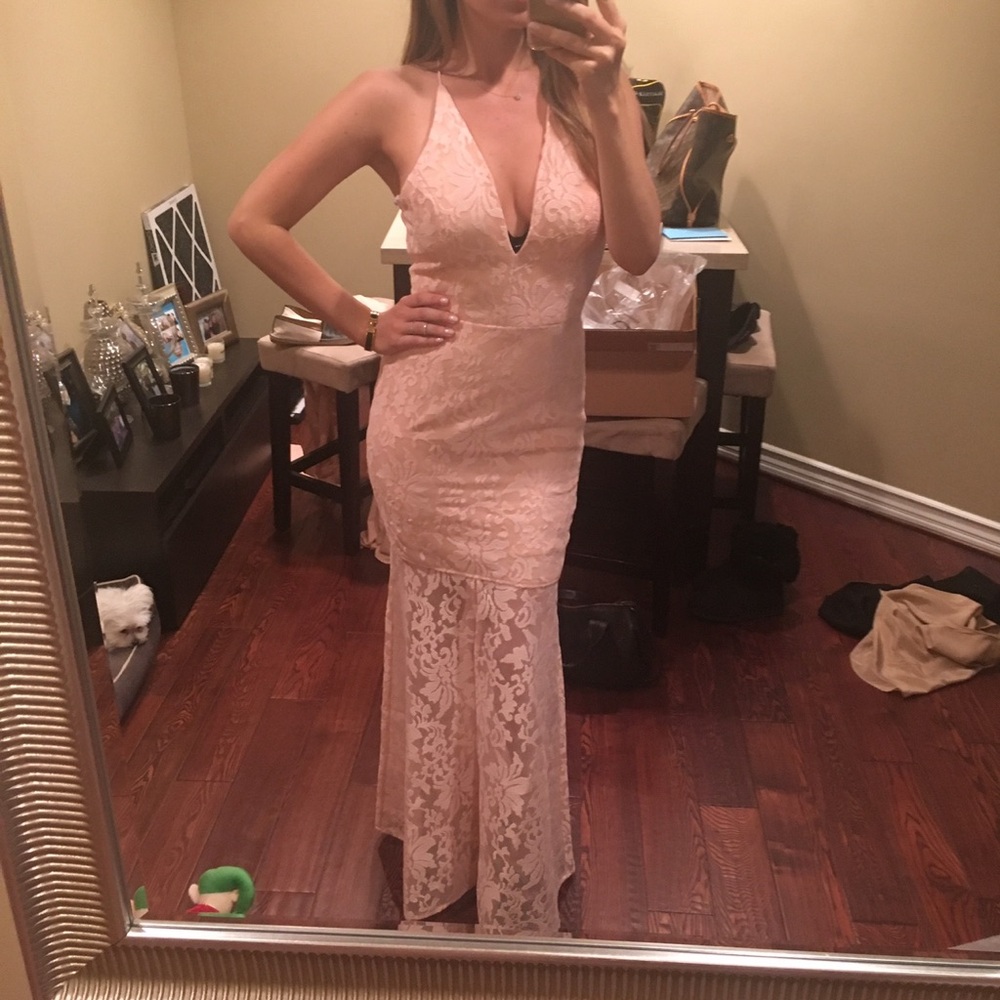 Pink lace mermaid gown with open back
